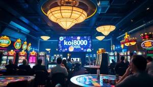 Menampilkan permainan koi800 togel dengan pemain bersemangat di kasino yang bercahaya.