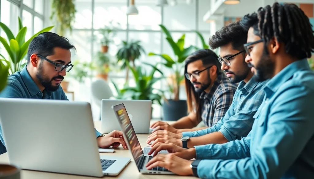 Showcasing wordpress development outsourcing, a vibrant team collaborates in a modern workspace.