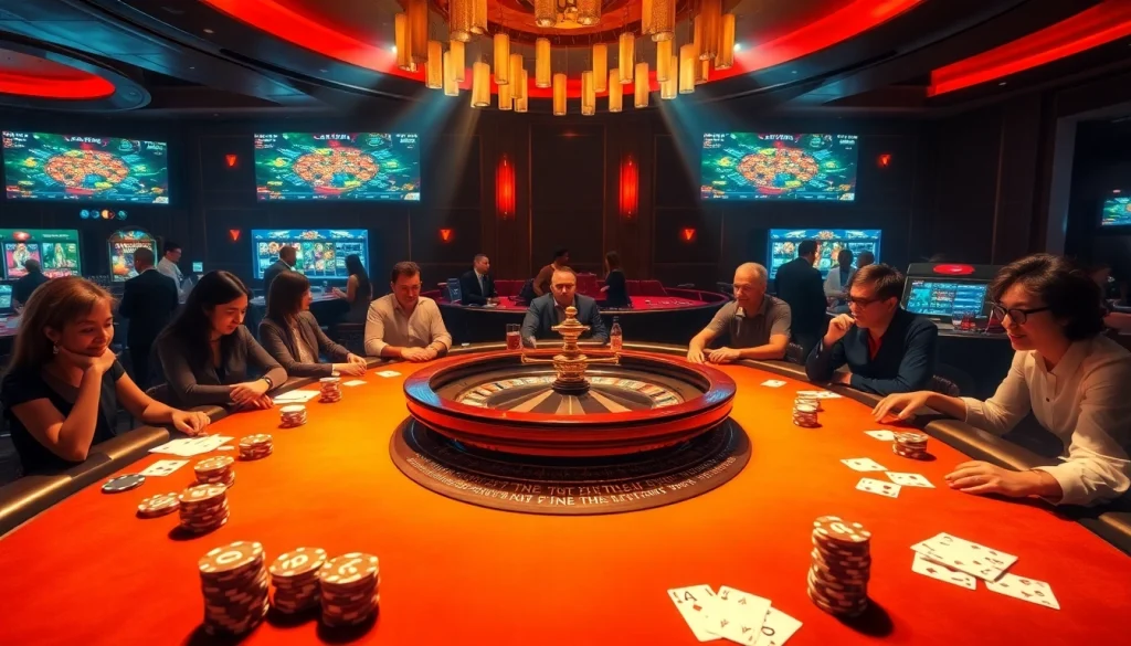 Experience the thrill of winning on trang hi88 with players gathered at a vibrant casino table, cards and chips ready for action.