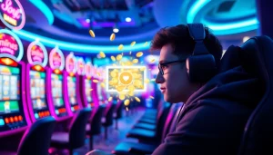 Menangkan jackpot di situs slot menarik dengan gamer fokus dan mesin slot di latar belakang.