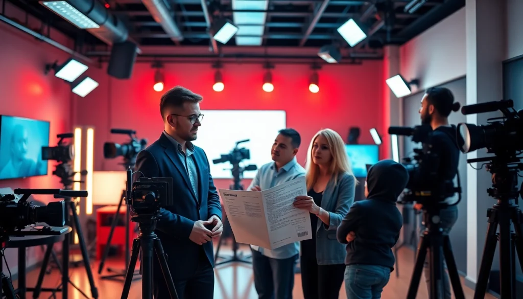 Showcase of a video production agency team collaborating in a modern studio environment.