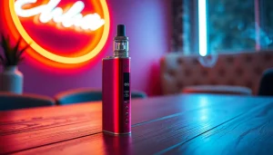 Elf bar elfa e-cigarette presented elegantly on a wooden table with a vibrant neon backdrop.