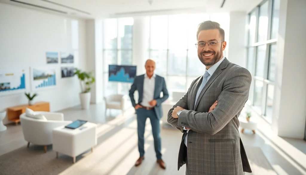 Engaging real estate agent showcasing property listings in a professional, bright office