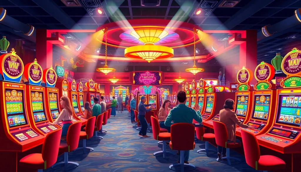 Kasinojitu resmi menunjukkan suasana ramai di dalam kasino, dengan permainan slot yang cerah.