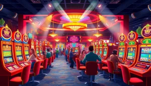 Kasinojitu resmi menunjukkan suasana ramai di dalam kasino, dengan permainan slot yang cerah.