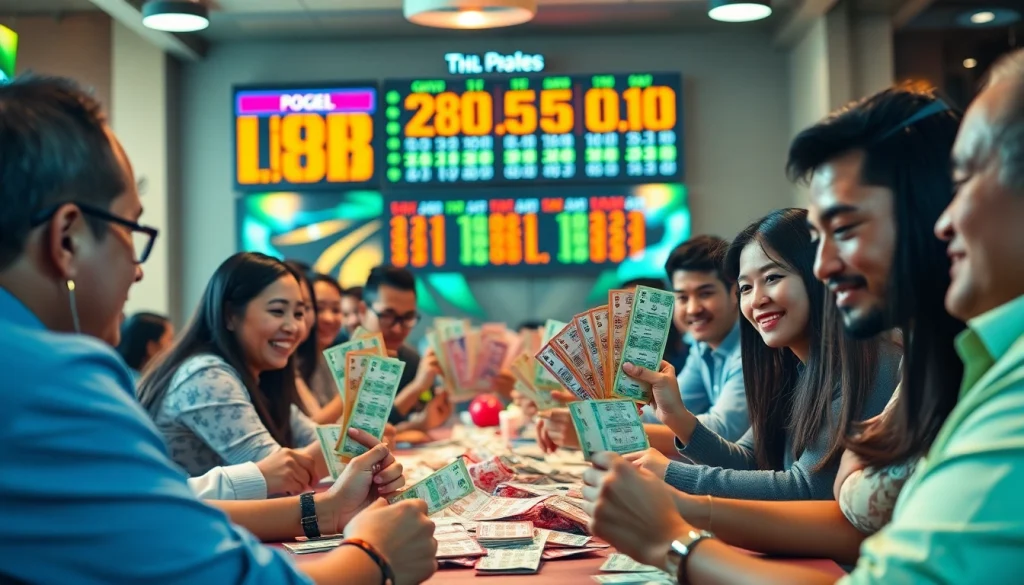Masyarakat berinteraksi dalam togel online, menunjukkan tiket berwarna-warni dan permainan yang mengasyikkan.
