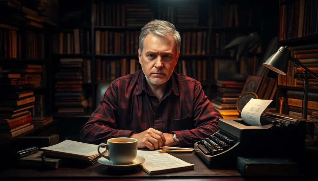 Illustration of an action thriller author immersed in creative storytelling.