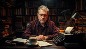 Illustration of an action thriller author immersed in creative storytelling.