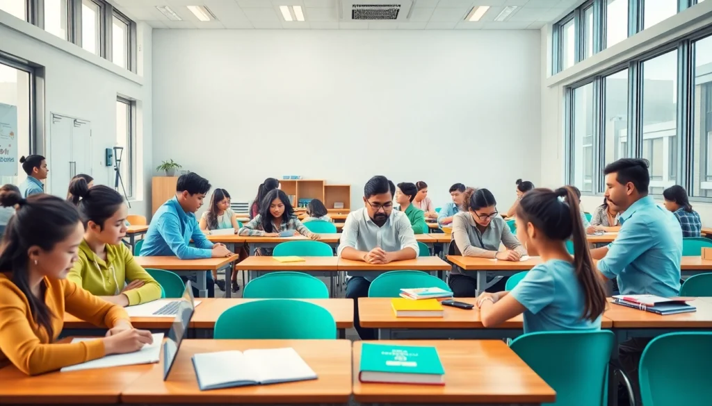 Engaging Education scene with students collaborating in a bright classroom.