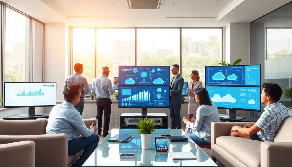 Collaborative team showcasing Hybrid Cloud Solutions in a modern office setting.