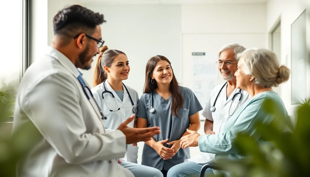 Health professionals collaboratively discussing patient care in a modern clinic setting.