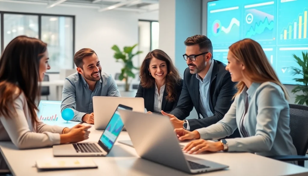 Efficient seo agency team collaborating on a digital marketing strategy in a modern office.