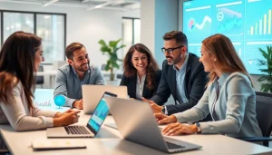 Efficient seo agency team collaborating on a digital marketing strategy in a modern office.