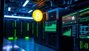 Bitcoin cloud mining facility showcasing advanced servers and real-time digital mining stats.
