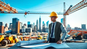 New York Construction Manager supervising a dynamic construction site filled with workers and machinery.