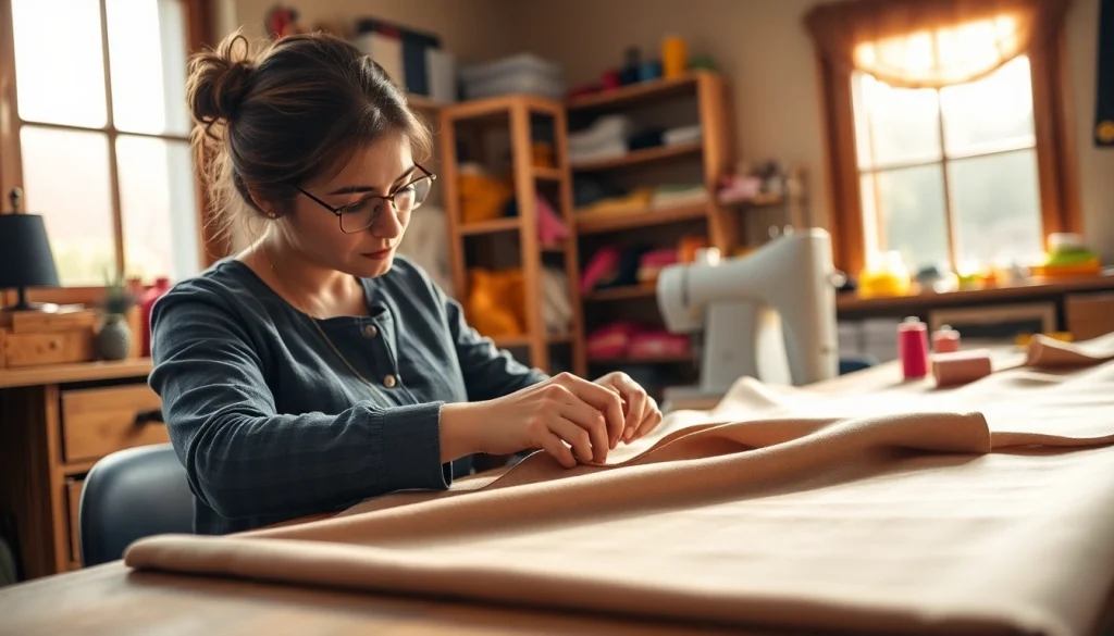 Punta di Roma stof wordt nauwkeurig bewerkt door een naaister in een gezellige workshop.
