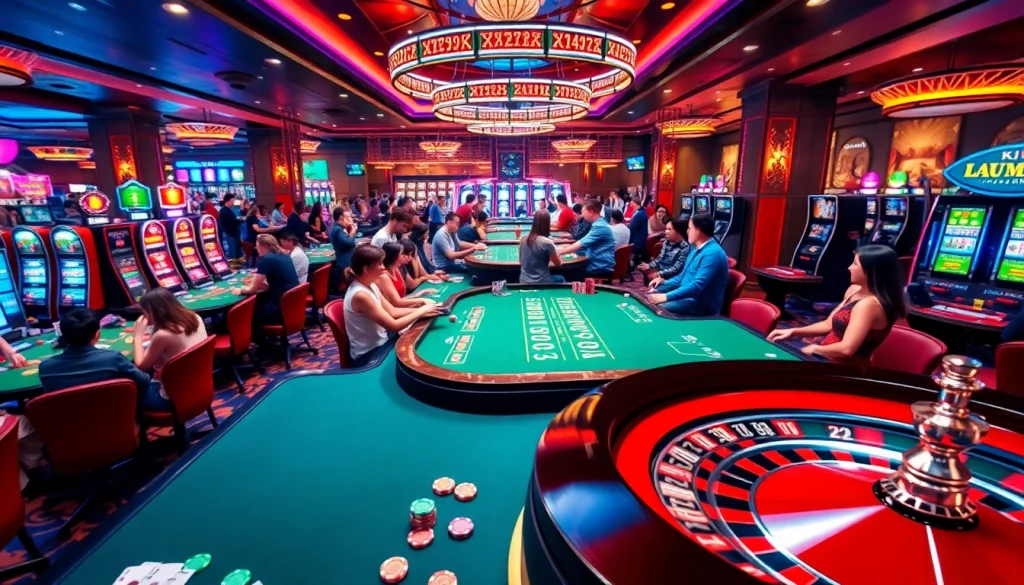 A lively casino scene illustrating players at blackjack tables, roulette wheels, and KJC AC 2's engaging online gambling experience.