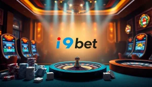 Engage in high-stakes gaming at i9bet with dynamic casino visuals of poker chips and roulette.