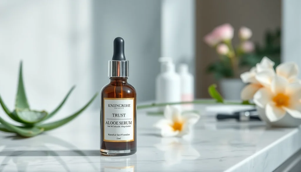 bästa serumet elegant presenterat i en modern hudvårdsmiljö med botaniska inslag