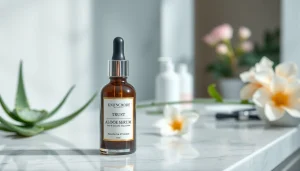 bästa serumet elegant presenterat i en modern hudvårdsmiljö med botaniska inslag