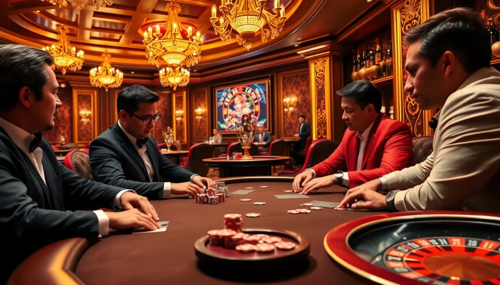 High-stakes poker game scene showcasing IWIN's luxurious casino environment with professional players and elegant decor.