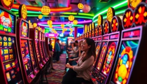 Slot hoki gameplay featuring vibrant slot machines and enthusiastic players in a lively casino atmosphere.