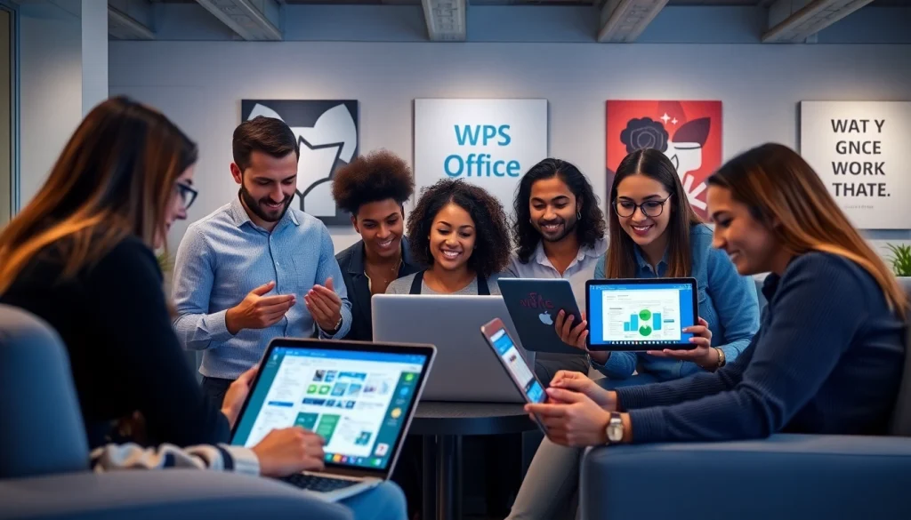 Collaboration on WPS下载 in a modern office workspace with diverse professionals.