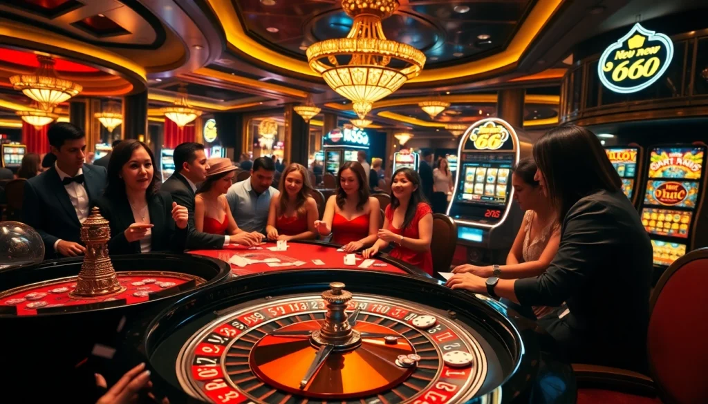 Gamblers enjoying a thrilling game atmosphere at new 66 casino, featuring vibrant tables and neon lights.