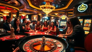 Gamblers enjoying a thrilling game atmosphere at new 66 casino, featuring vibrant tables and neon lights.
