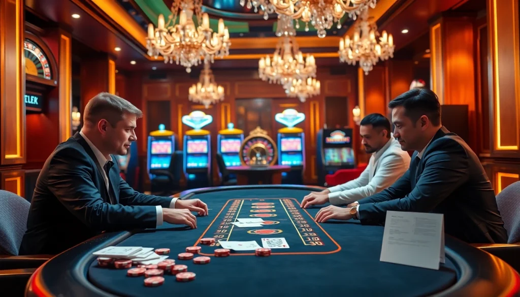Exciting casino gaming experience at giaimanhacai.news, with poker tables and roulette wheels.