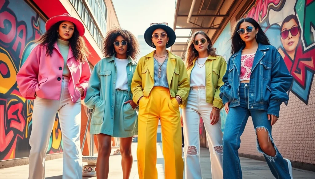 Models showcasing the latest fashion drops online in a vibrant urban setting.