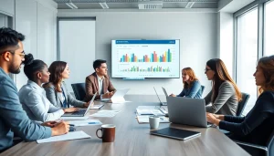 Corporate Tax Services meeting with diverse professionals analyzing financial reports in a modern office.