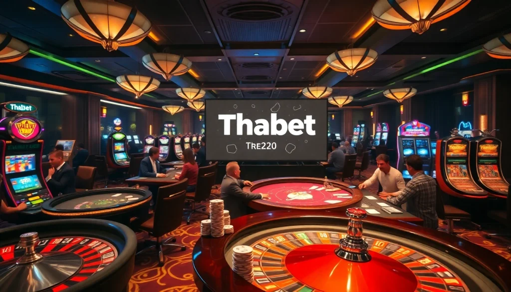 Thabet online casino scene with players at tables, showcasing excitement and luxury.