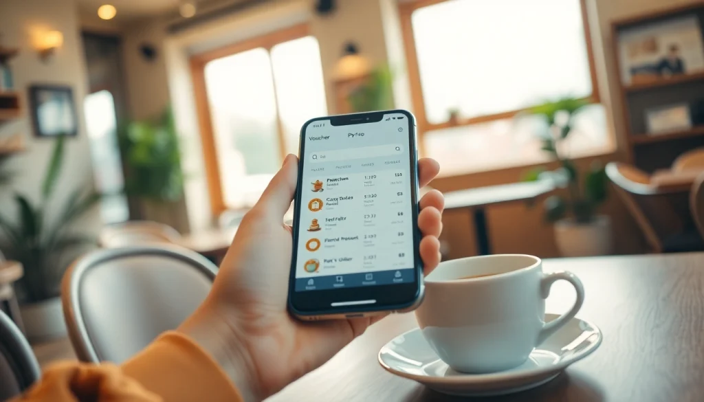 아늑한 카페에서 스마트폰에 표시된 상품권소액결제 모바일 결제 인터페이스