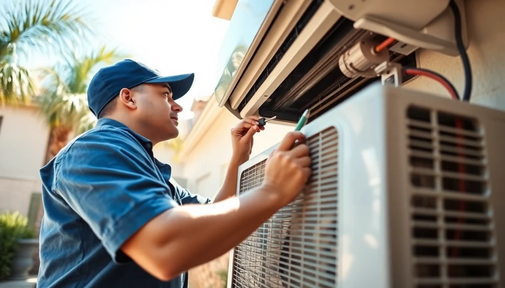 Experienced technician performing ac repair mesa az in a sunny suburban setting.