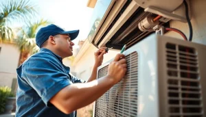 Experienced technician performing ac repair mesa az in a sunny suburban setting.
