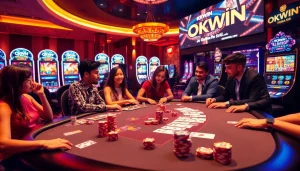 Engaged players enjoying online gambling at an OKWIN casino table with vibrant slots and poker chips.
