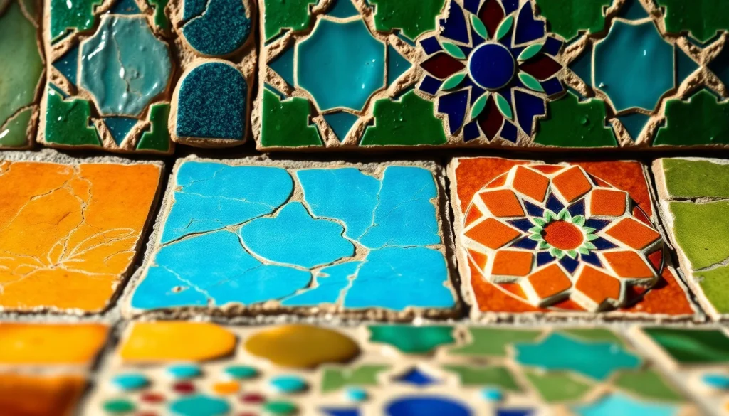 Tuiles Zellige présentant des motifs géométriques complexes et des couleurs vives, mettant en valeur l'artisanat marocain.