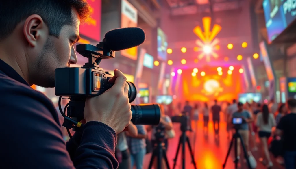 Videographer skillfully filming an event with a vibrant urban backdrop.