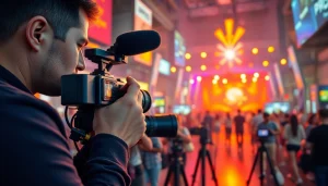 Videographer skillfully filming an event with a vibrant urban backdrop.