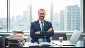 Intellectual property lawyer confidently engaging with clients in a modern office.