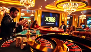 Experience the thrill of XX 88 with a luxury casino scene highlighting roulette and excited players.