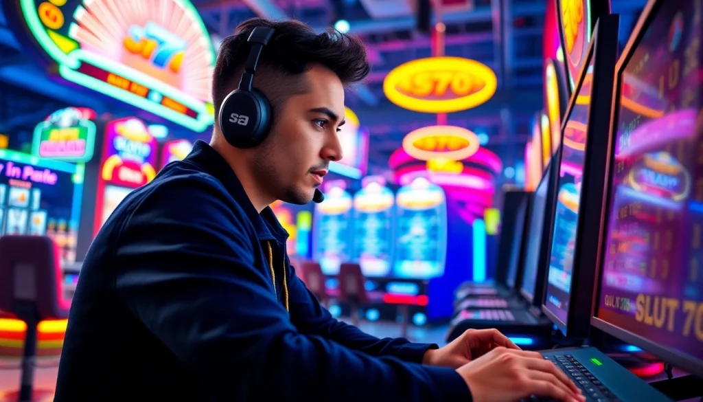 Menangkan slot depo 1k dengan gamer terfokus di permainan slot online yang cerah.