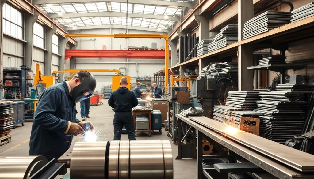 Skilled workers at a steel fabrication shop efficiently welding metal components.