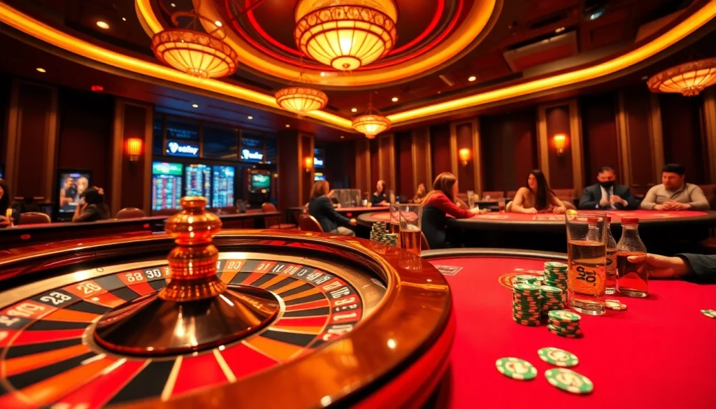 Exciting casino scene with players engaged at tables, highlighting 여기여 alongside vibrant games.