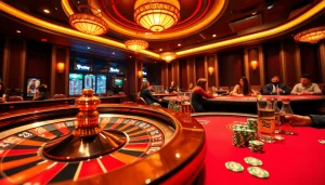 Exciting casino scene with players engaged at tables, highlighting 여기여 alongside vibrant games.