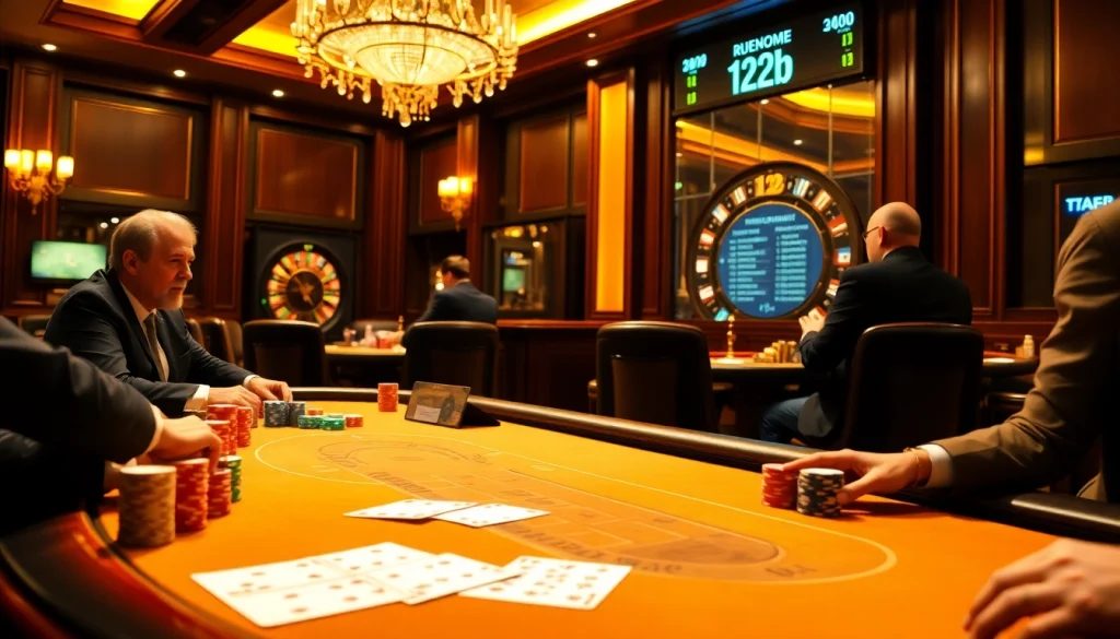 Players engaging in an exciting game of poker at 123b casino, showcasing colorful chips.