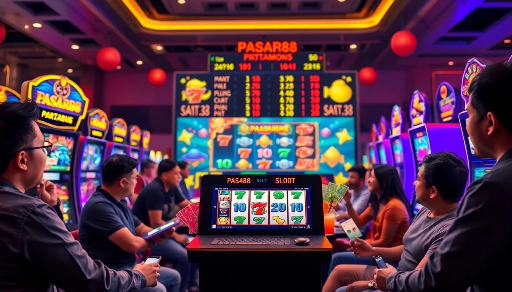 Menampilkan permainan slot PASAR88 SLOT yang menarik dengan suasana kasino yang ceria dan bersemangat.