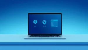 Discover vpn free download features in a sleek VPN app interface on a laptop screen.