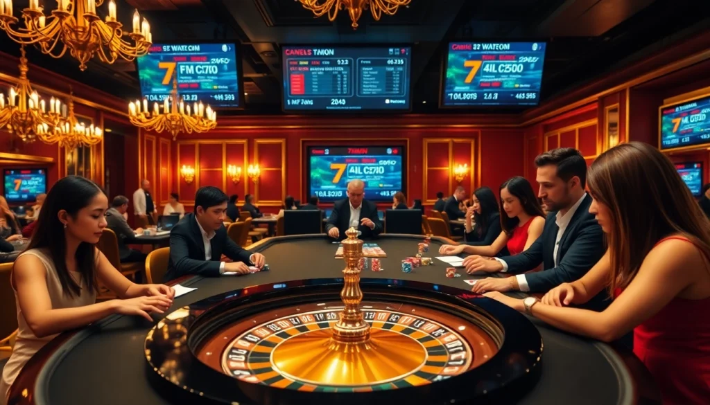 Exciting players engaged in live betting activities at 7mcn with roulette wheel and poker chips.